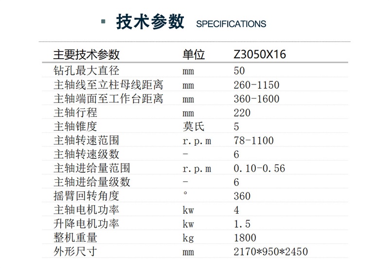 Z3050X16摇臂钻床技术参数